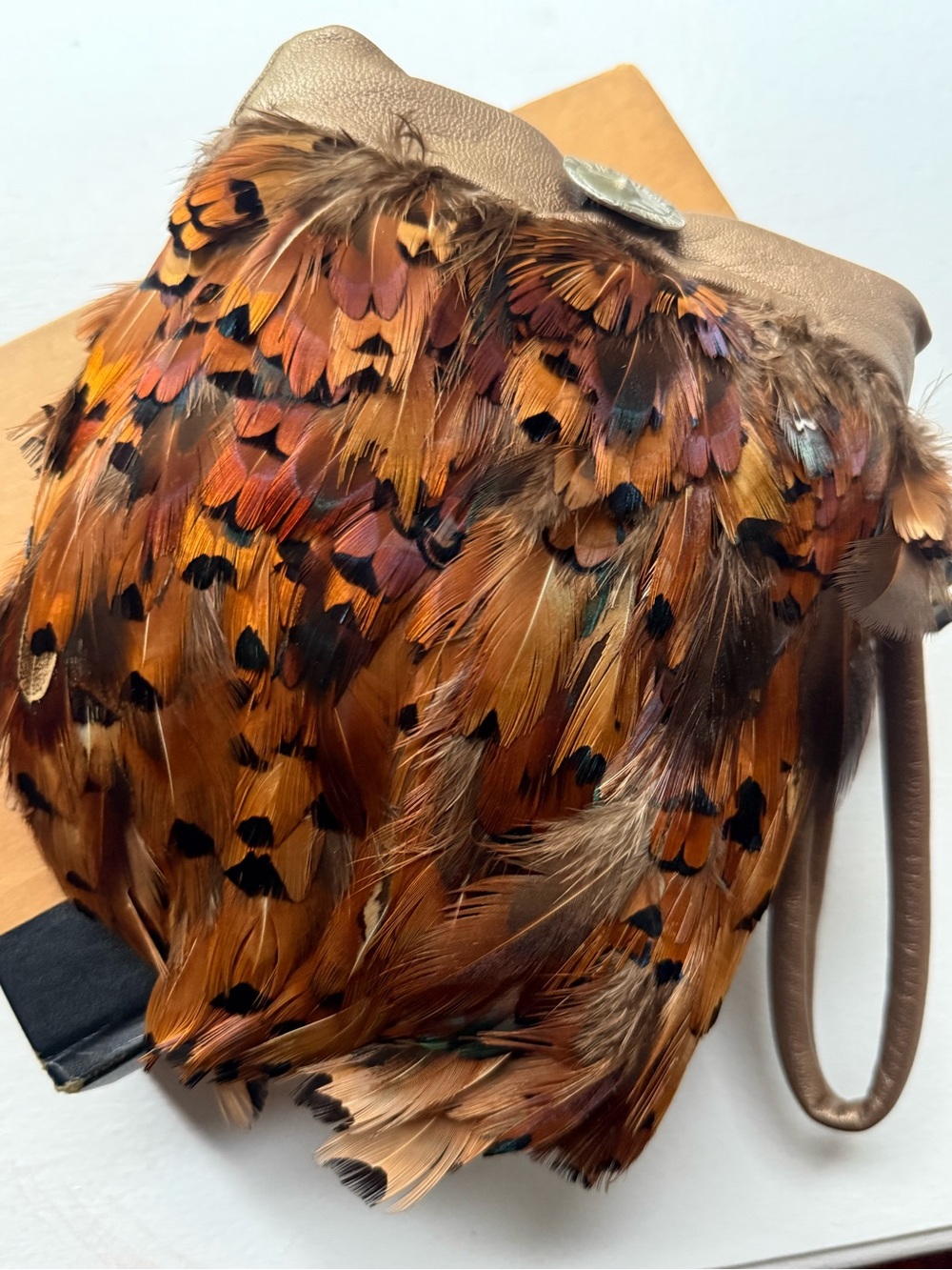 Vintage Kara Mia Pheasant Feather Beaded Wristlet Bronze Leather Purse